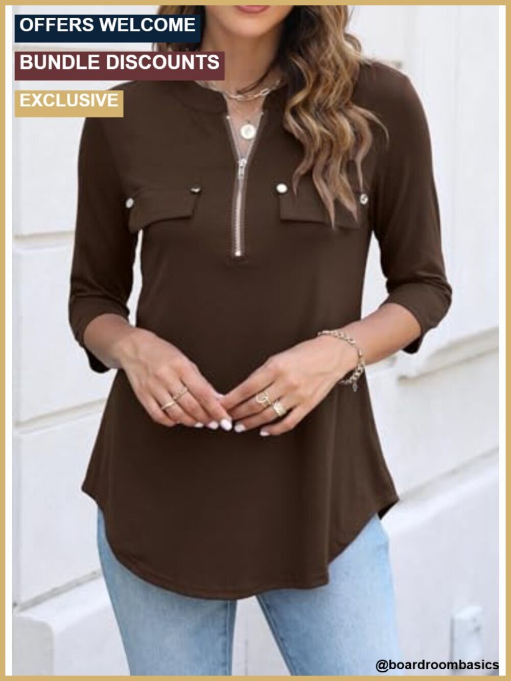 3/4 Sleeve V Neck Zip Flowy Tunic Top Blouse - Picture 2 of 5